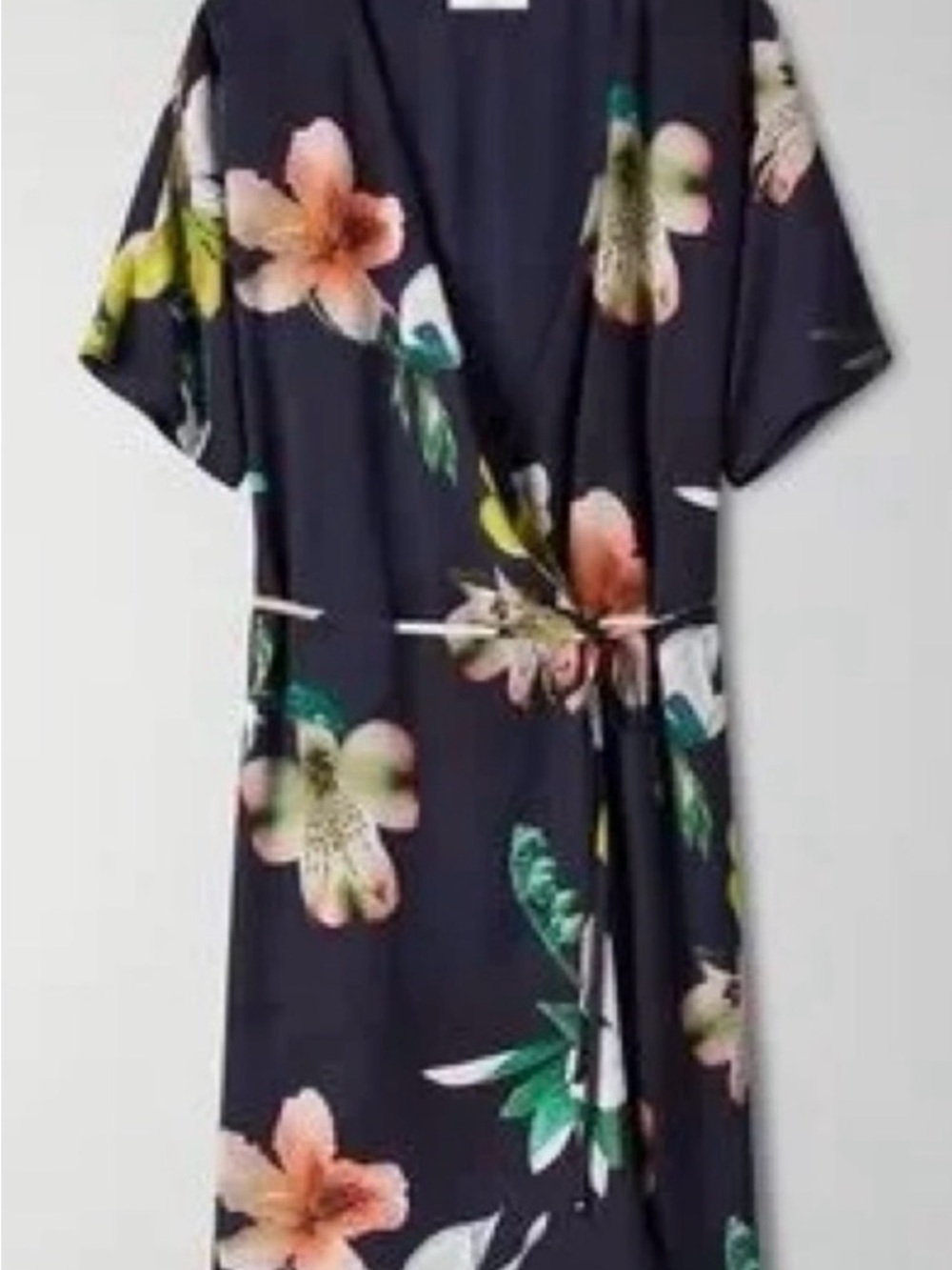 Babaton Navy Floral Midi Wrap Dress with Peach Blossoms